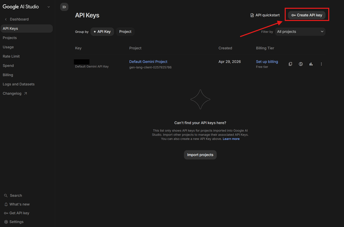 Create API key button