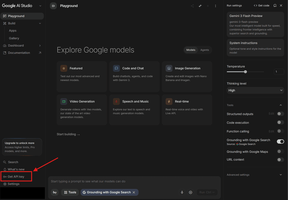 Get API key button location